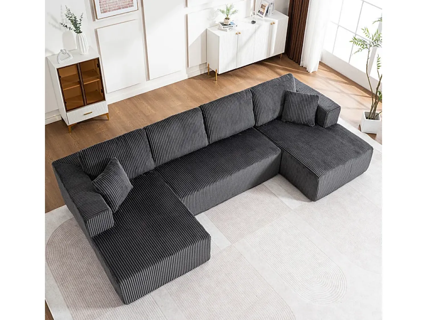 DripeX Sofá de canto panorâmico - Veludo canelado - 4 almofadas, 2 travesseiros, 2 chaises - 332x156x88cm^ Sofá