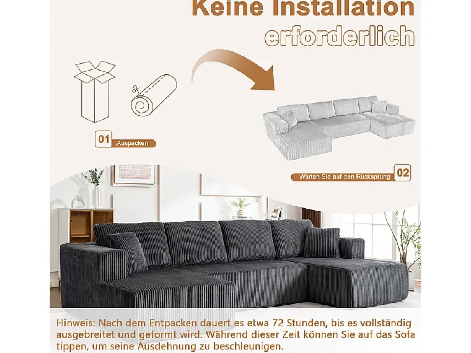 DripeX Sofá de canto panorâmico - Veludo canelado - 4 almofadas, 2 travesseiros, 2 chaises - 332x156x88cm^ Sofá