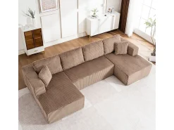 Online DripeX Sofá de canto panorâmico - Veludo canelado - 4 almofadas, 2 travesseiros, 2 chaises - 332x156x88cm Castanho