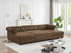 Vente-unique Sofá de canto panorâmico e pufe microfibra aspeto couro envelhecido CHESTERFIELD^ Sofá
