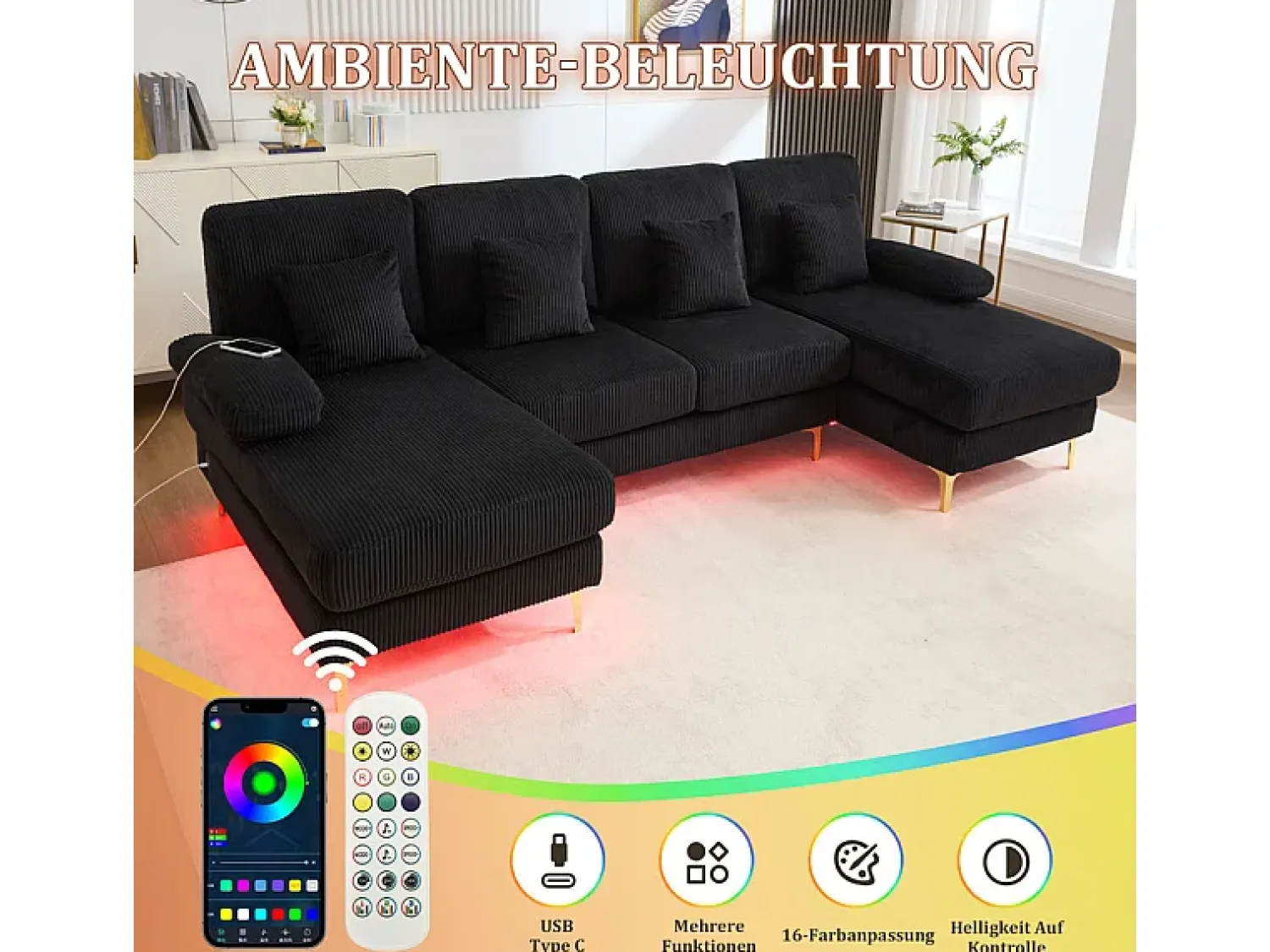 DripeX Sofá de canto panorâmico em veludo - 4 lugares - com LED RGB e porta USB+Type-C - 265x135x88cm -^ Sofá