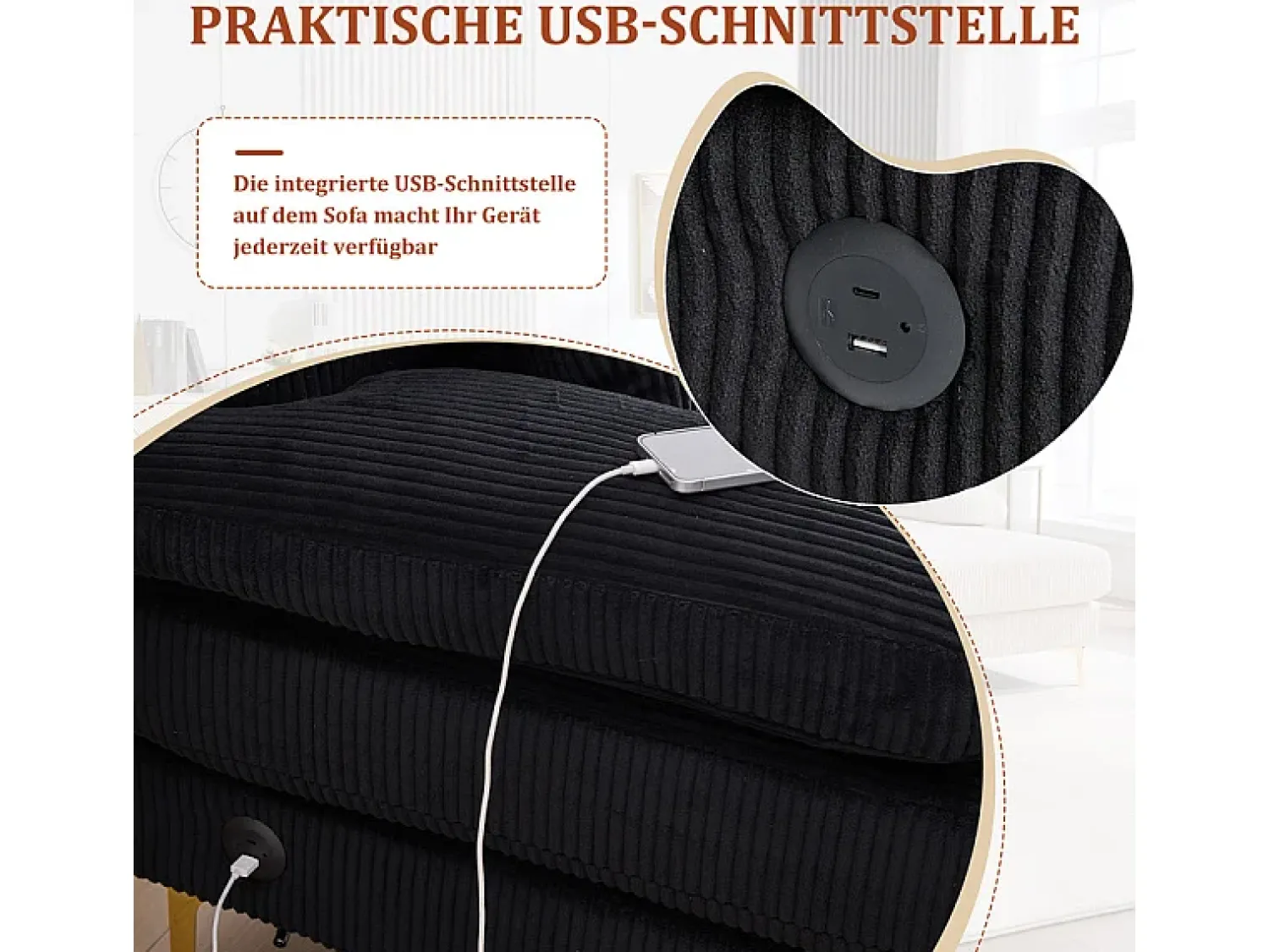 DripeX Sofá de canto panorâmico em veludo - 4 lugares - com LED RGB e porta USB+Type-C - 265x135x88cm -^ Sofá