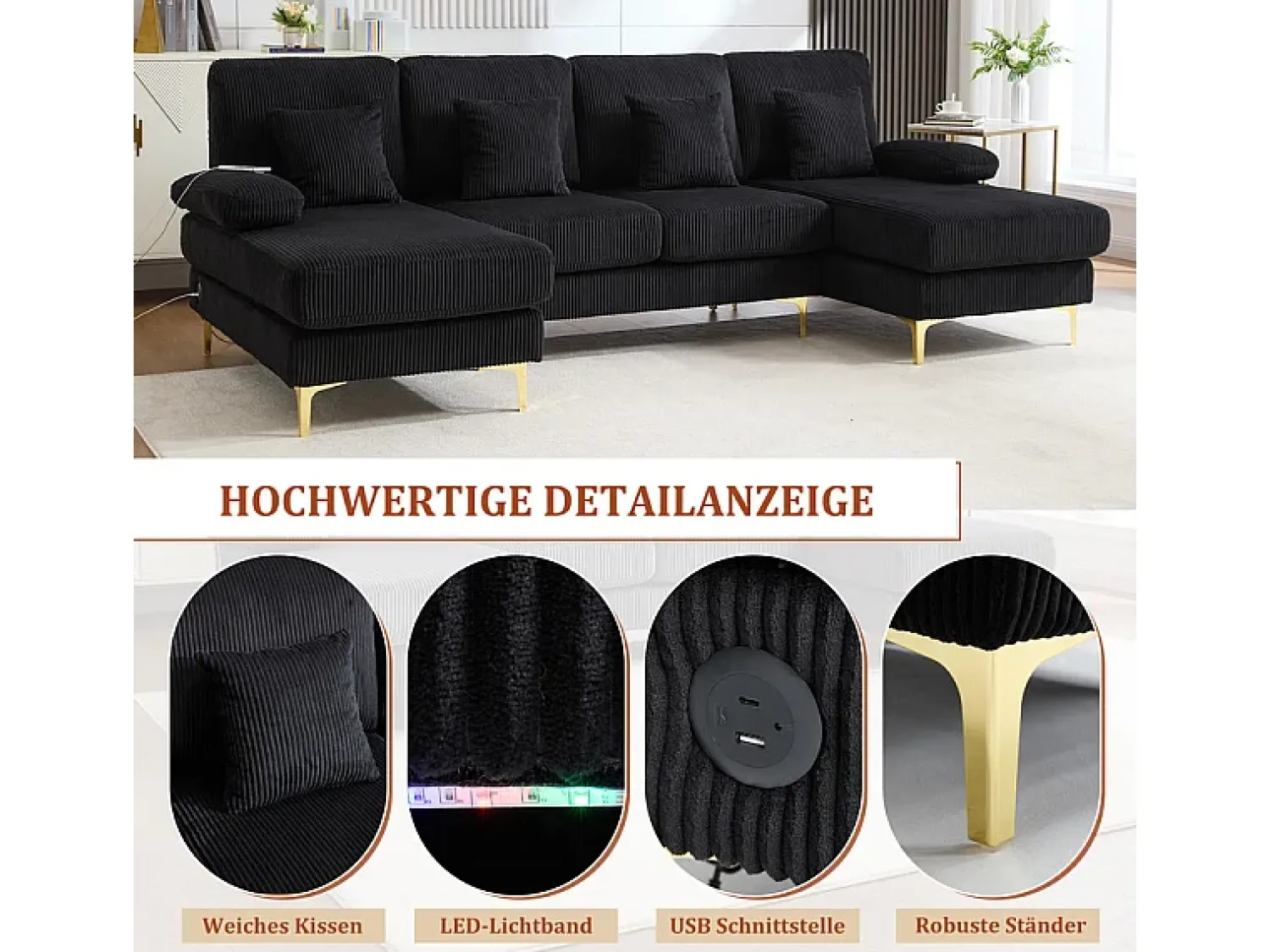 DripeX Sofá de canto panorâmico em veludo - 4 lugares - com LED RGB e porta USB+Type-C - 265x135x88cm -^ Sofá