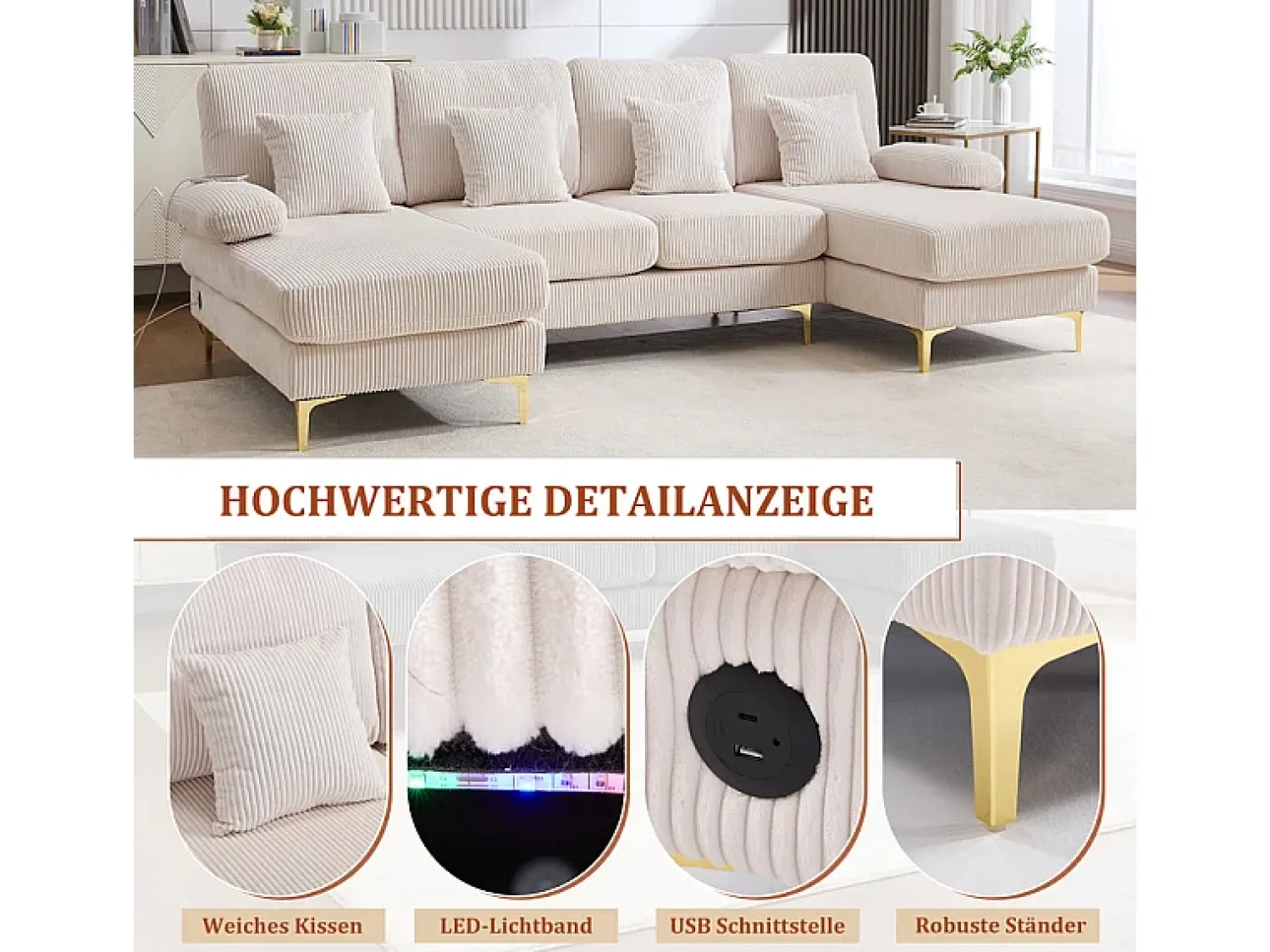 DripeX Sofá de canto panorâmico em veludo - 4 lugares - com LED RGB e porta USB+Type-C - 265x135x88cm -^ Sofá