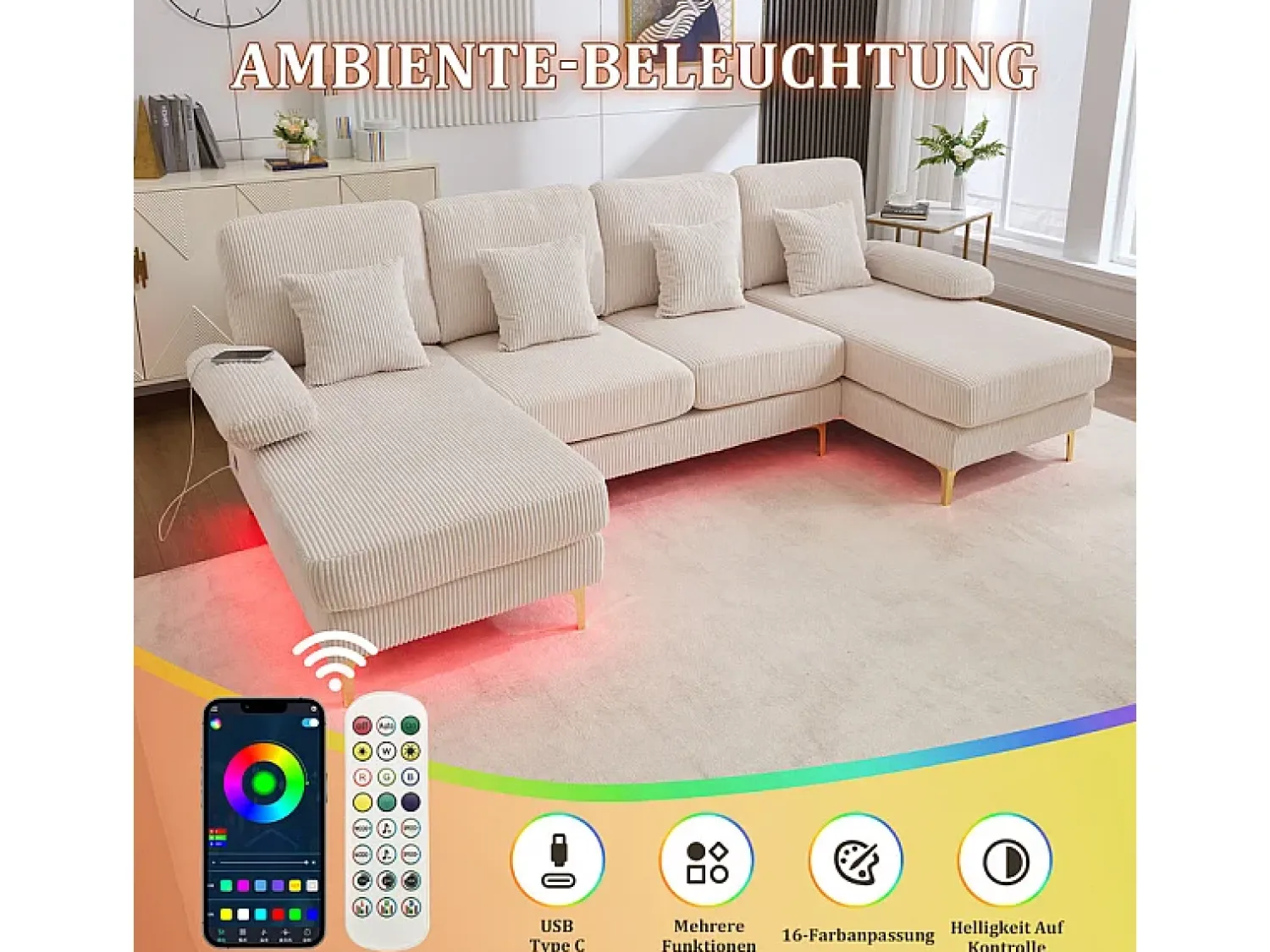 DripeX Sofá de canto panorâmico em veludo - 4 lugares - com LED RGB e porta USB+Type-C - 265x135x88cm -^ Sofá