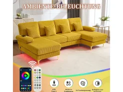 DripeX Sofá de canto panorâmico em veludo - 4 lugares - com LED RGB e porta USB+Type-C - 265x135x88cm -^ Sofá