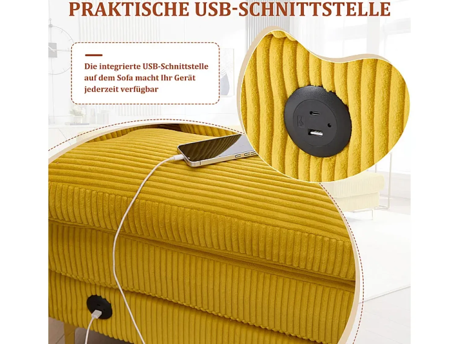 DripeX Sofá de canto panorâmico em veludo - 4 lugares - com LED RGB e porta USB+Type-C - 265x135x88cm -^ Sofá