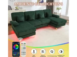 Sofá|DripeX Sofá de canto panorâmico em veludo - 4 lugares - com LED RGB e porta USB+Type-C - 265x135x88cm - Verde