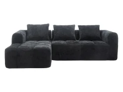 New Sofá de canto - com compartimentos para arrumação e 3 almofadas - Chenille - com chaise longue e braços Preto