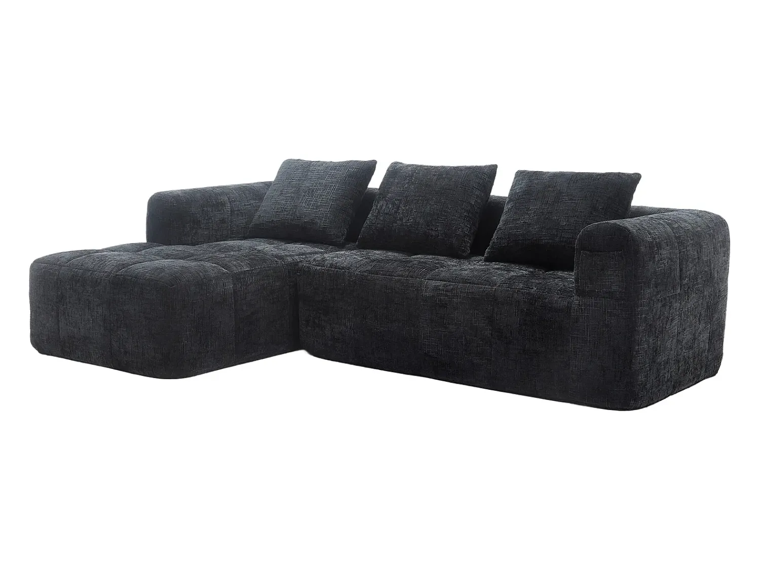 New Sofá de canto - com compartimentos para arrumação e 3 almofadas - Chenille - com chaise longue e braços Preto
