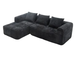 New Sofá de canto - com compartimentos para arrumação e 3 almofadas - Chenille - com chaise longue e braços Preto