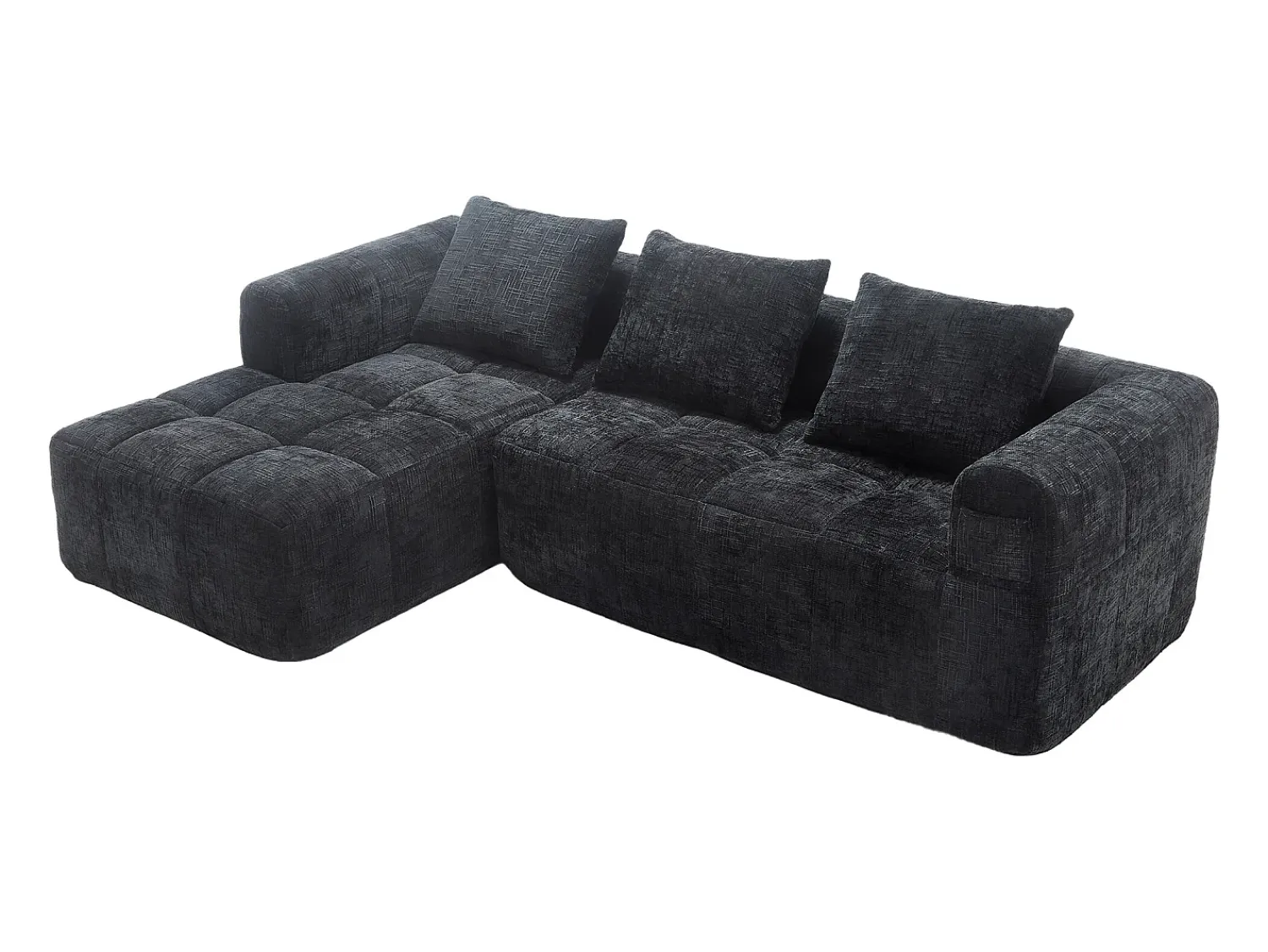 New Sofá de canto - com compartimentos para arrumação e 3 almofadas - Chenille - com chaise longue e braços Preto
