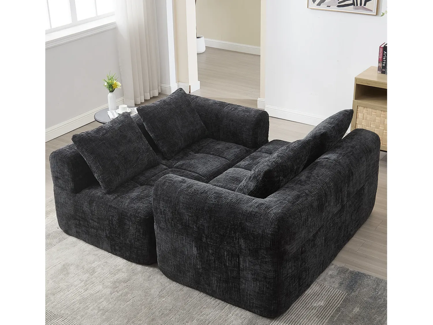 New Sofá de canto - com compartimentos para arrumação e 3 almofadas - Chenille - com chaise longue e braços Preto