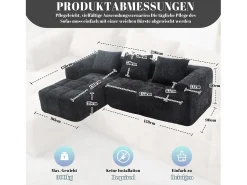 New Sofá de canto - com compartimentos para arrumação e 3 almofadas - Chenille - com chaise longue e braços Preto