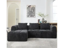 New Sofá de canto - com compartimentos para arrumação e 3 almofadas - Chenille - com chaise longue e braços Preto