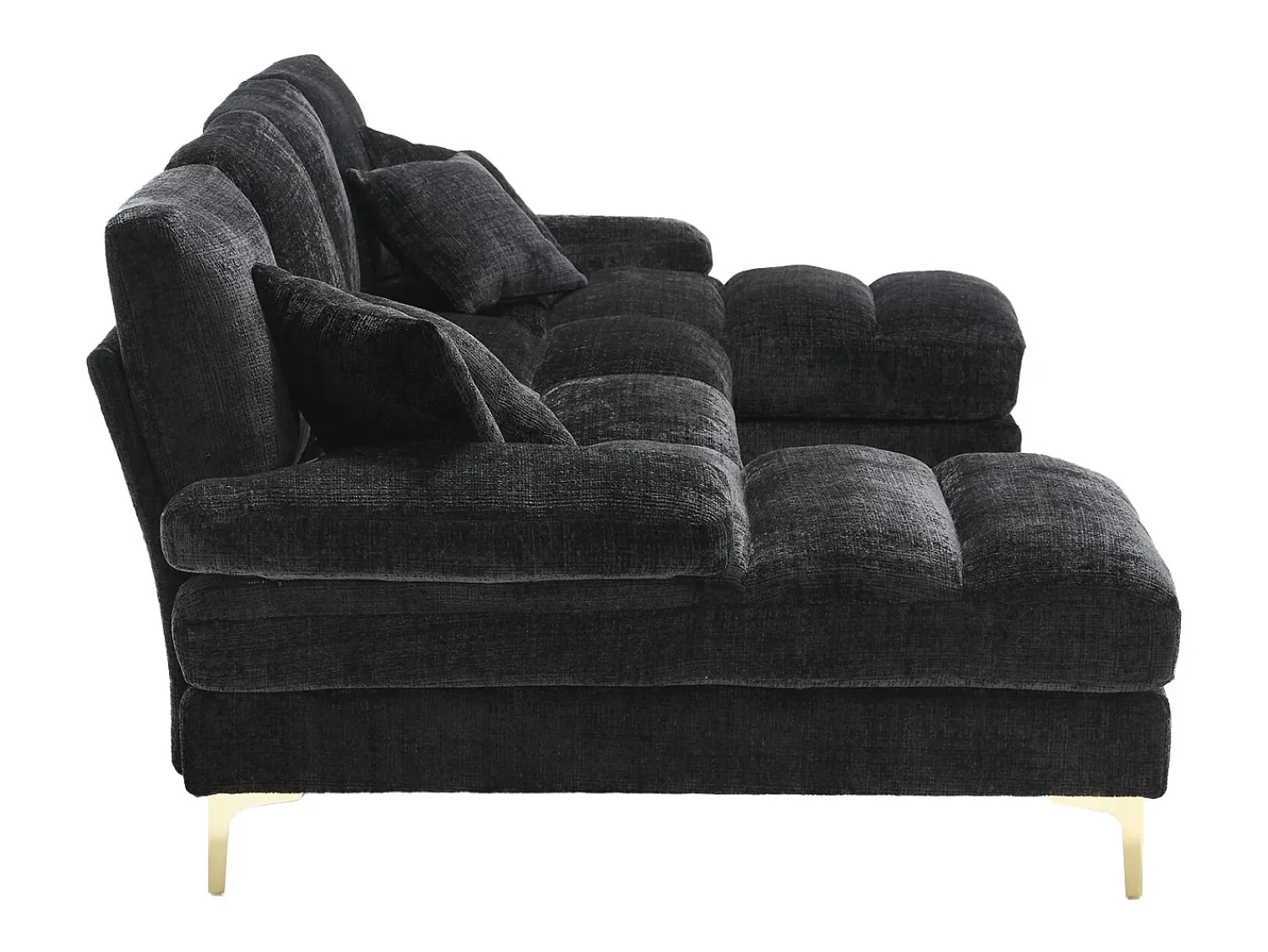 Sofá* Sofá de canto - Sofá de 4 lugares com assentos e almofadas - chenille - para sala de estar e quarto Preto