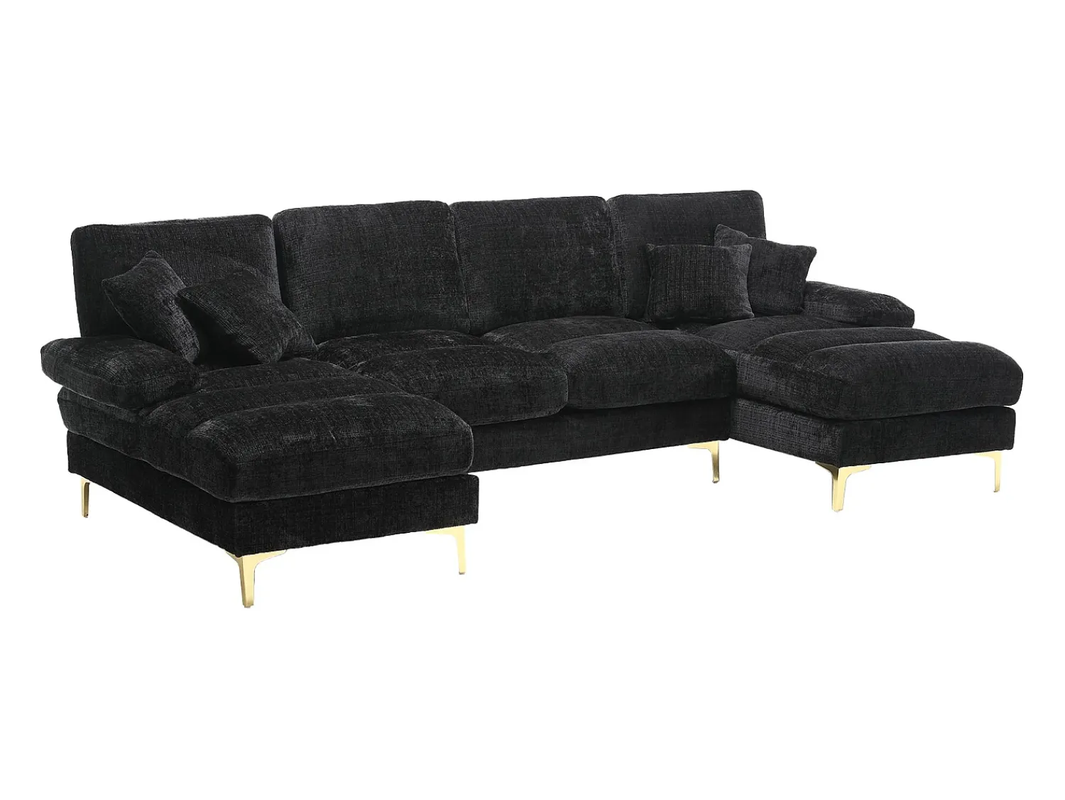 Sofá* Sofá de canto - Sofá de 4 lugares com assentos e almofadas - chenille - para sala de estar e quarto Preto