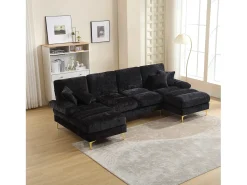 Sofá* Sofá de canto - Sofá de 4 lugares com assentos e almofadas - chenille - para sala de estar e quarto Preto