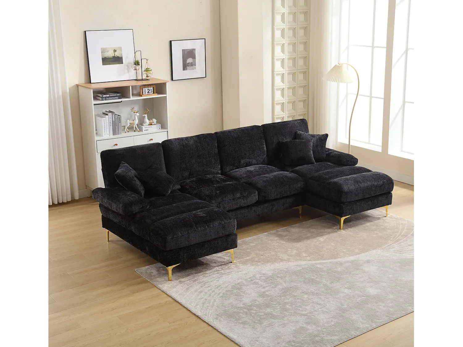 Sofá* Sofá de canto - Sofá de 4 lugares com assentos e almofadas - chenille - para sala de estar e quarto Preto