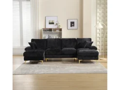 Sofá* Sofá de canto - Sofá de 4 lugares com assentos e almofadas - chenille - para sala de estar e quarto Preto