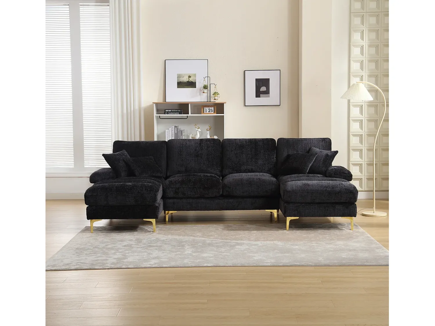 Sofá* Sofá de canto - Sofá de 4 lugares com assentos e almofadas - chenille - para sala de estar e quarto Preto