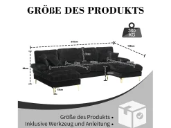 Sofá* Sofá de canto - Sofá de 4 lugares com assentos e almofadas - chenille - para sala de estar e quarto Preto