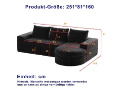 Sofá* Sofá de canto - Sofá de 3 lugares com 3 almofadas e 2 encostos de cabeça - chenille Preto