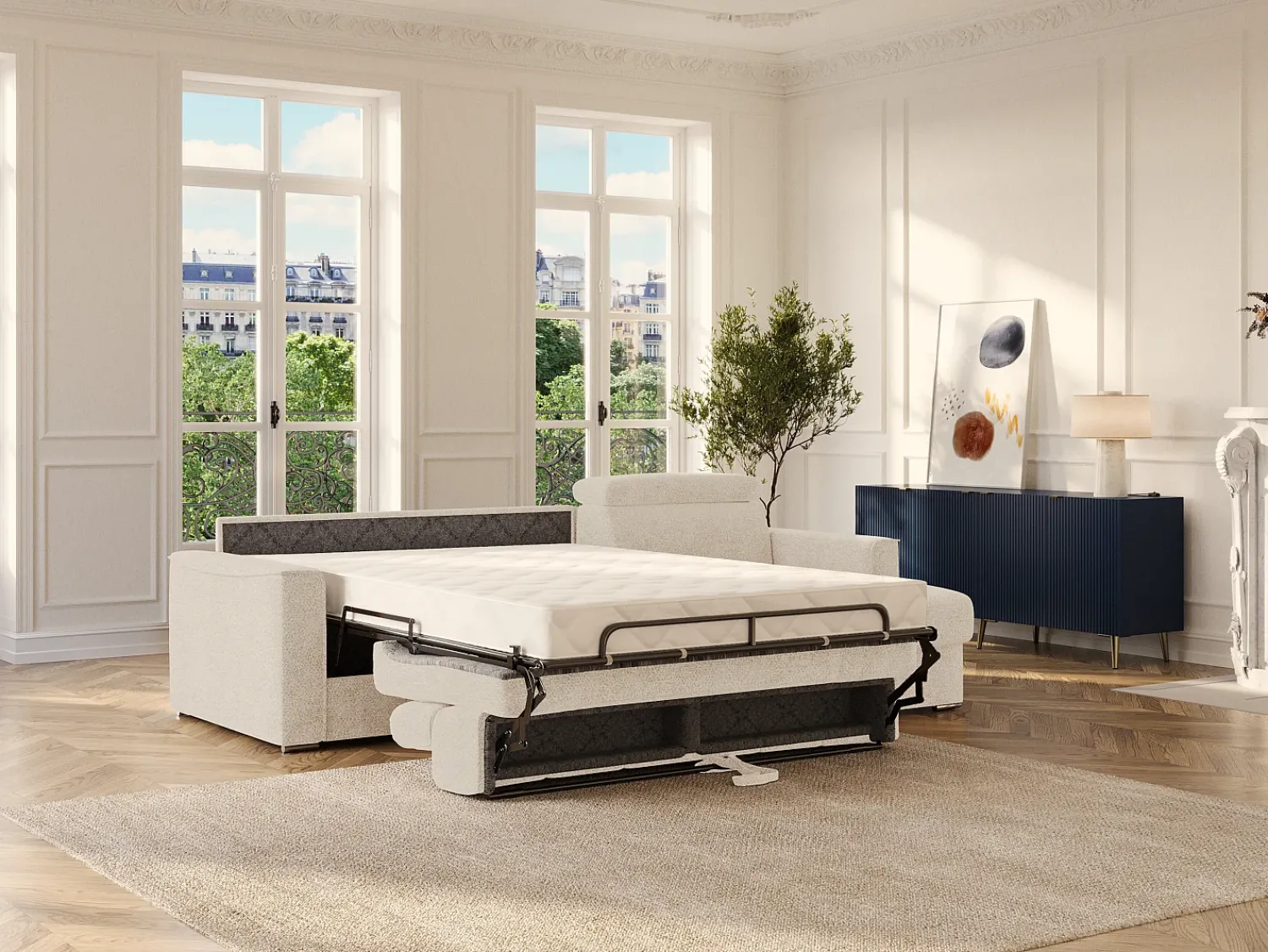 Outlet Vente-unique Sofá de canto reversível converível abertura rápida em tecido - Cama 140 cm VIZIR Bege