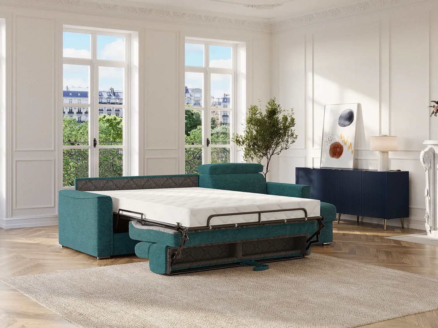 Clearance Vente-unique Sofá de canto reversível conversível abertura rápida com tecido azul - Estrado 140 cm VIZIR Azul esverdeado