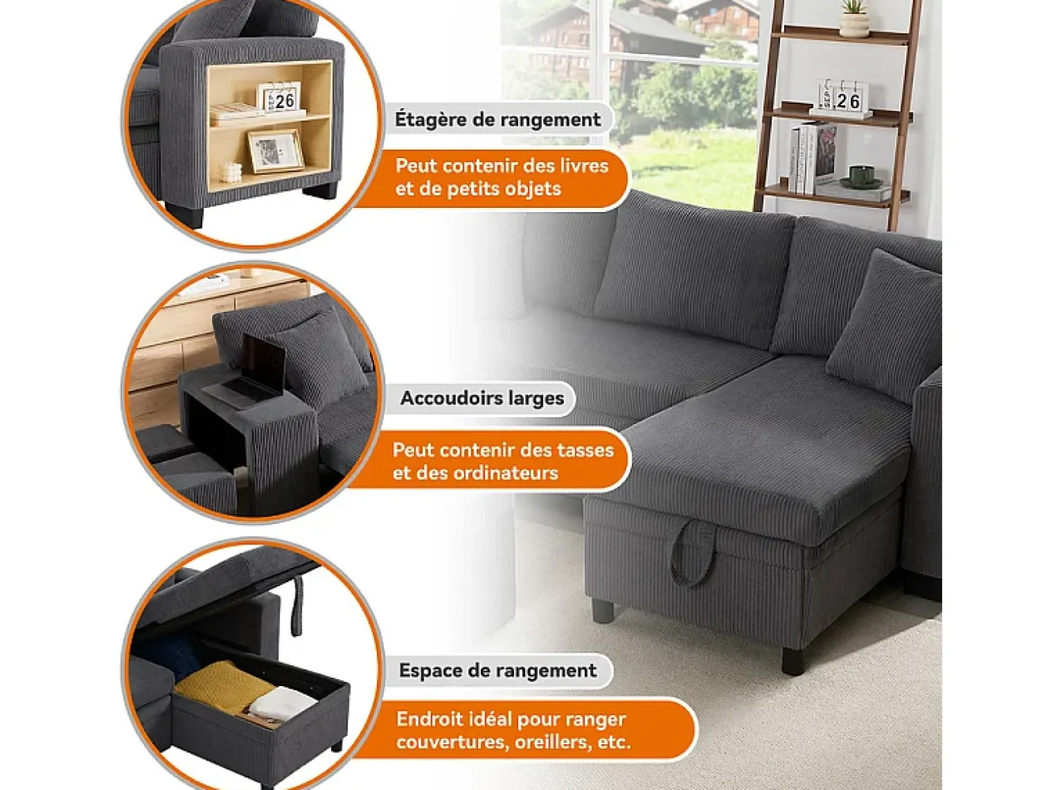 Sale DripeX Sofá de canto reversível conversível 3 lugares - em veludo cotelê - com armazenamento, prateleira e 2 puffs - Porta USB+Type-C - Cinza Cinzento
