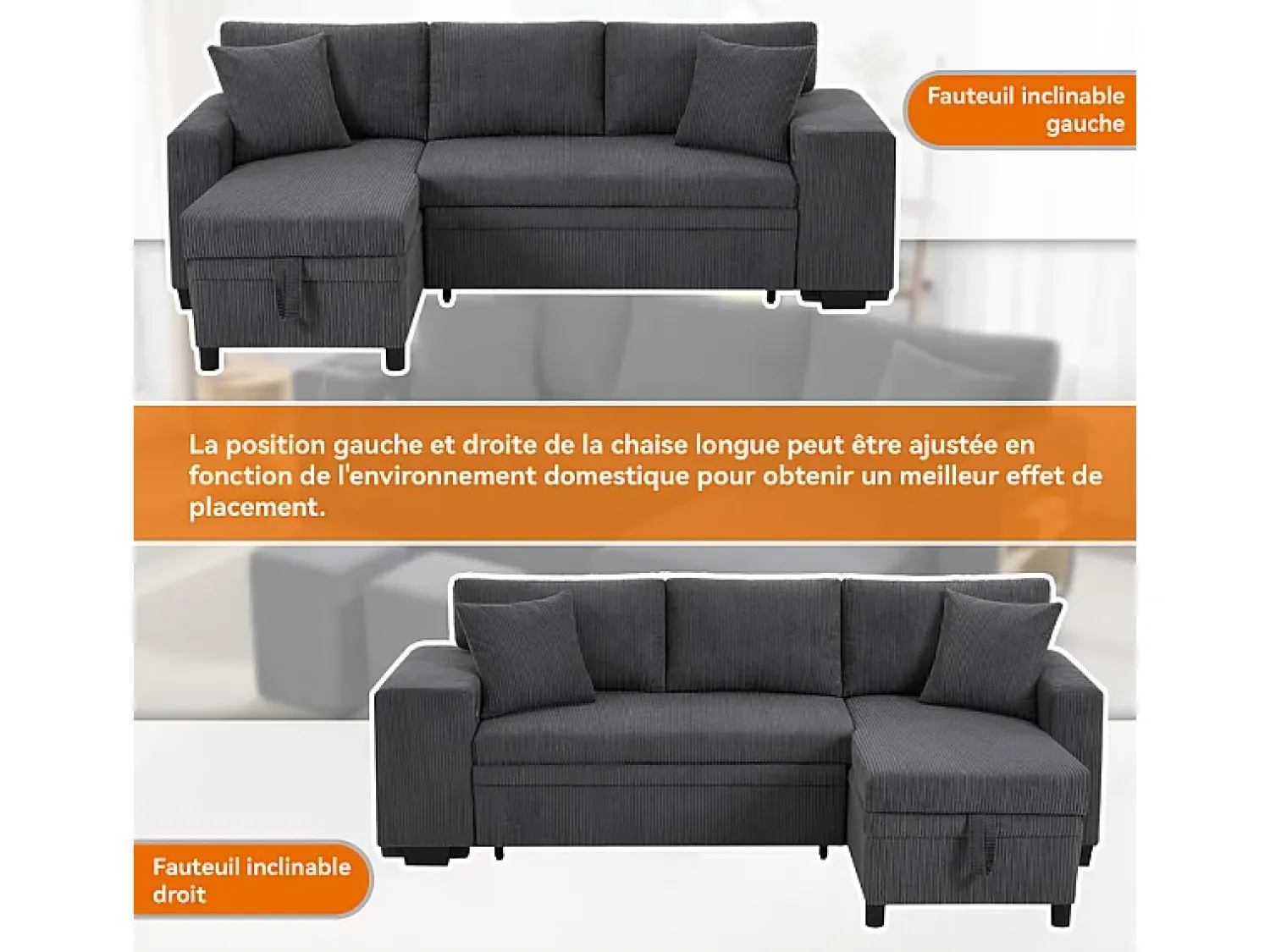 Sale DripeX Sofá de canto reversível conversível 3 lugares - em veludo cotelê - com armazenamento, prateleira e 2 puffs - Porta USB+Type-C - Cinza Cinzento