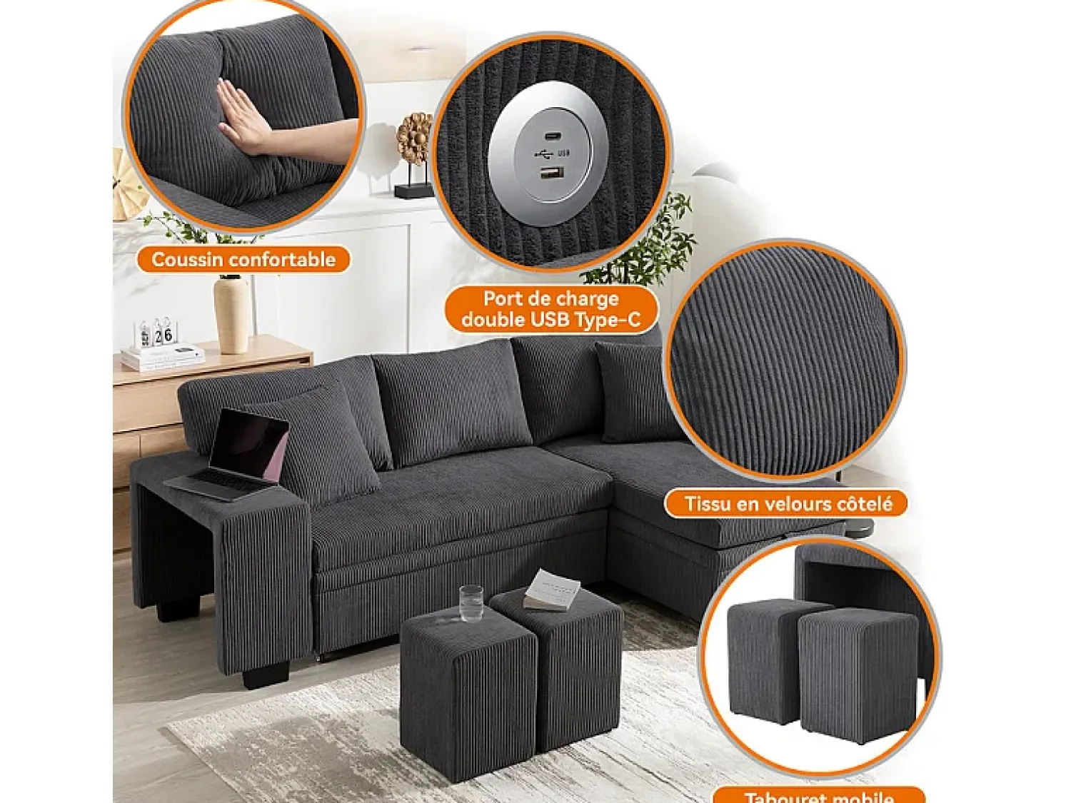 Sale DripeX Sofá de canto reversível conversível 3 lugares - em veludo cotelê - com armazenamento, prateleira e 2 puffs - Porta USB+Type-C - Cinza Cinzento