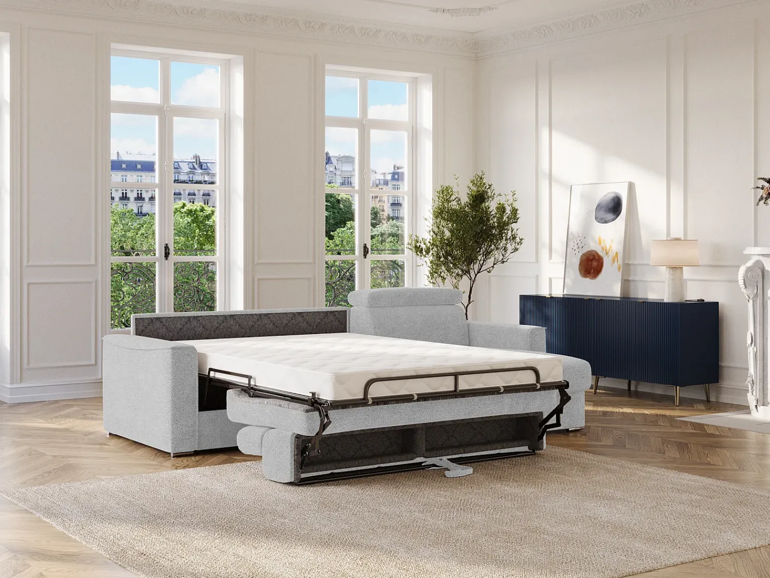 Vente-unique Sofá de canto reversível conversível abertura rápida em tecido cinza claro - Cama 140 cm VIZIR^ Sofá