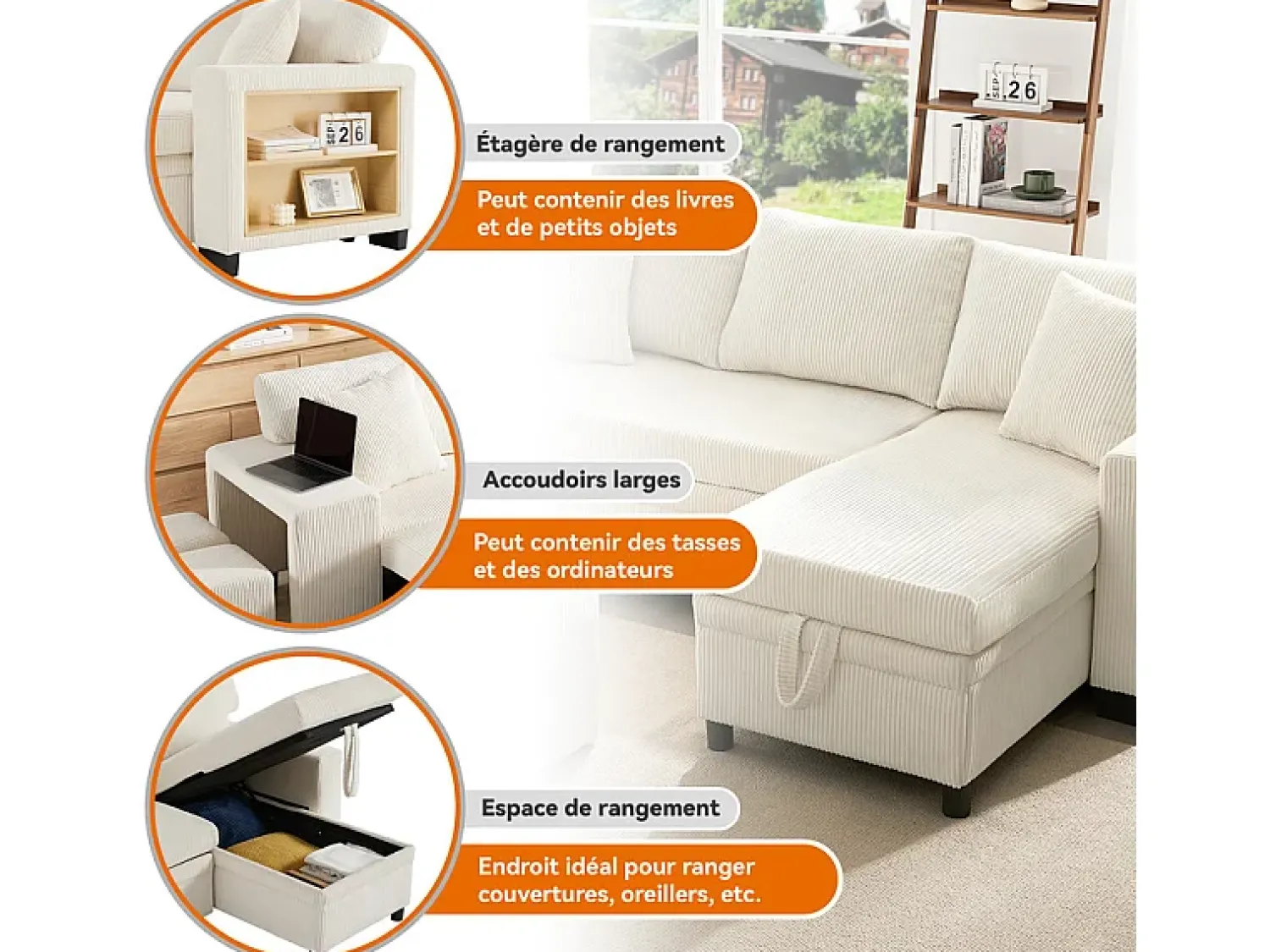 Sofá*DripeX Sofá de canto reversível conversível 3 lugares - em veludo cotelê - com armazenamento, prateleira e 2 puffs - Porta USB+Type-C - Bege