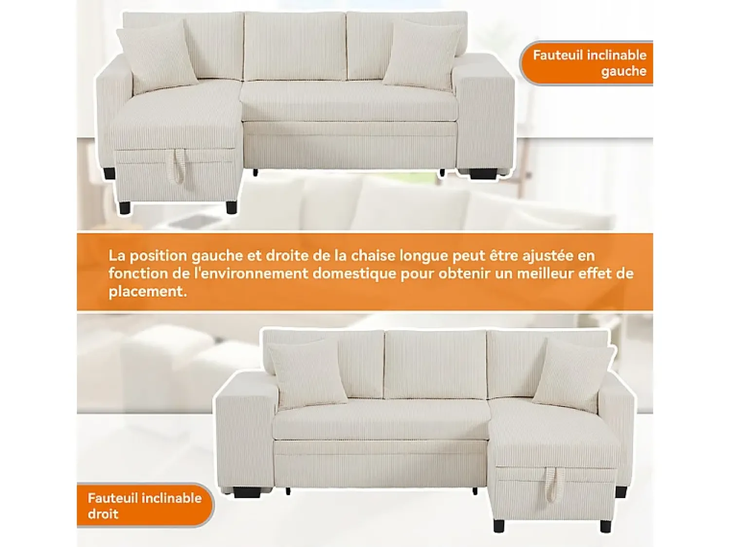 Sofá*DripeX Sofá de canto reversível conversível 3 lugares - em veludo cotelê - com armazenamento, prateleira e 2 puffs - Porta USB+Type-C - Bege