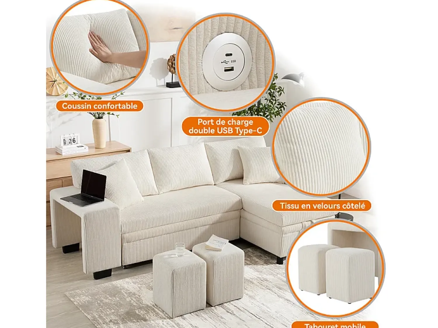 Sofá*DripeX Sofá de canto reversível conversível 3 lugares - em veludo cotelê - com armazenamento, prateleira e 2 puffs - Porta USB+Type-C - Bege