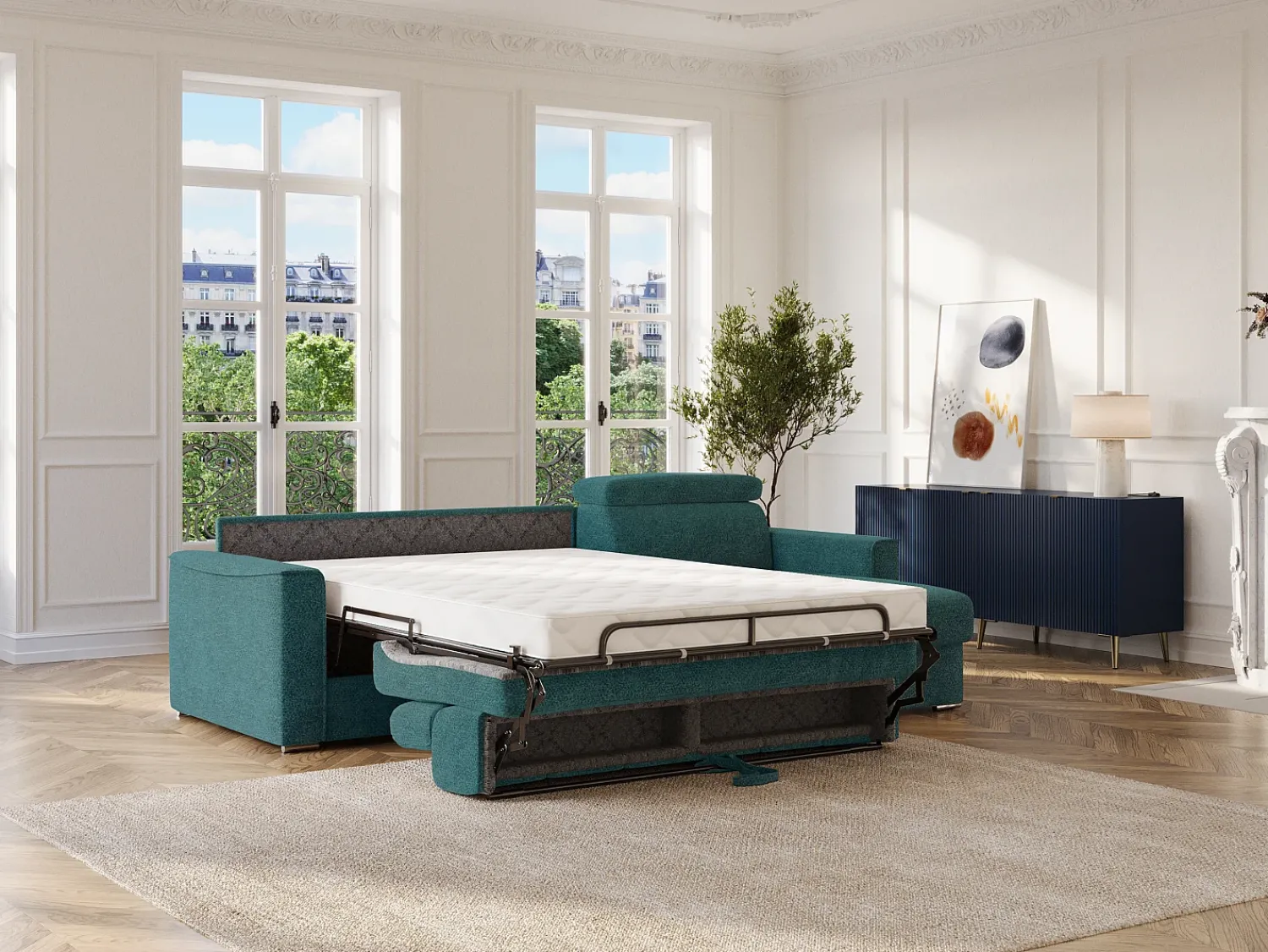 Vente-unique Sofá de canto reversível conversível abertura rápida em tecido azul - Base para dormir 160 cm VIZIR^ Sofá