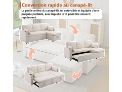 Sofá|DripeX Sofá de canto reversível conversível em algodão e linho, Meridiano com armazenamento, Porta-copos, 211x129.5x86cm, Bege