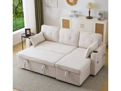 Sofá|DripeX Sofá de canto reversível conversível em algodão e linho, Meridiano com armazenamento, Porta-copos, 211x129.5x86cm, Bege