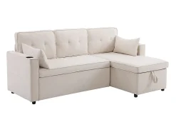 Sofá|DripeX Sofá de canto reversível conversível em algodão e linho, Meridiano com armazenamento, Porta-copos, 211x129.5x86cm, Bege