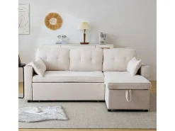 Sofá|DripeX Sofá de canto reversível conversível em algodão e linho, Meridiano com armazenamento, Porta-copos, 211x129.5x86cm, Bege