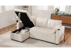 Sofá|DripeX Sofá de canto reversível conversível em algodão e linho, Meridiano com armazenamento, Porta-copos, 211x129.5x86cm, Bege