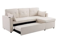 Sofá|DripeX Sofá de canto reversível conversível em algodão e linho, Meridiano com armazenamento, Porta-copos, 211x129.5x86cm, Bege