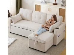 Sofá|DripeX Sofá de canto reversível conversível em algodão e linho, Meridiano com armazenamento, Porta-copos, 211x129.5x86cm, Bege