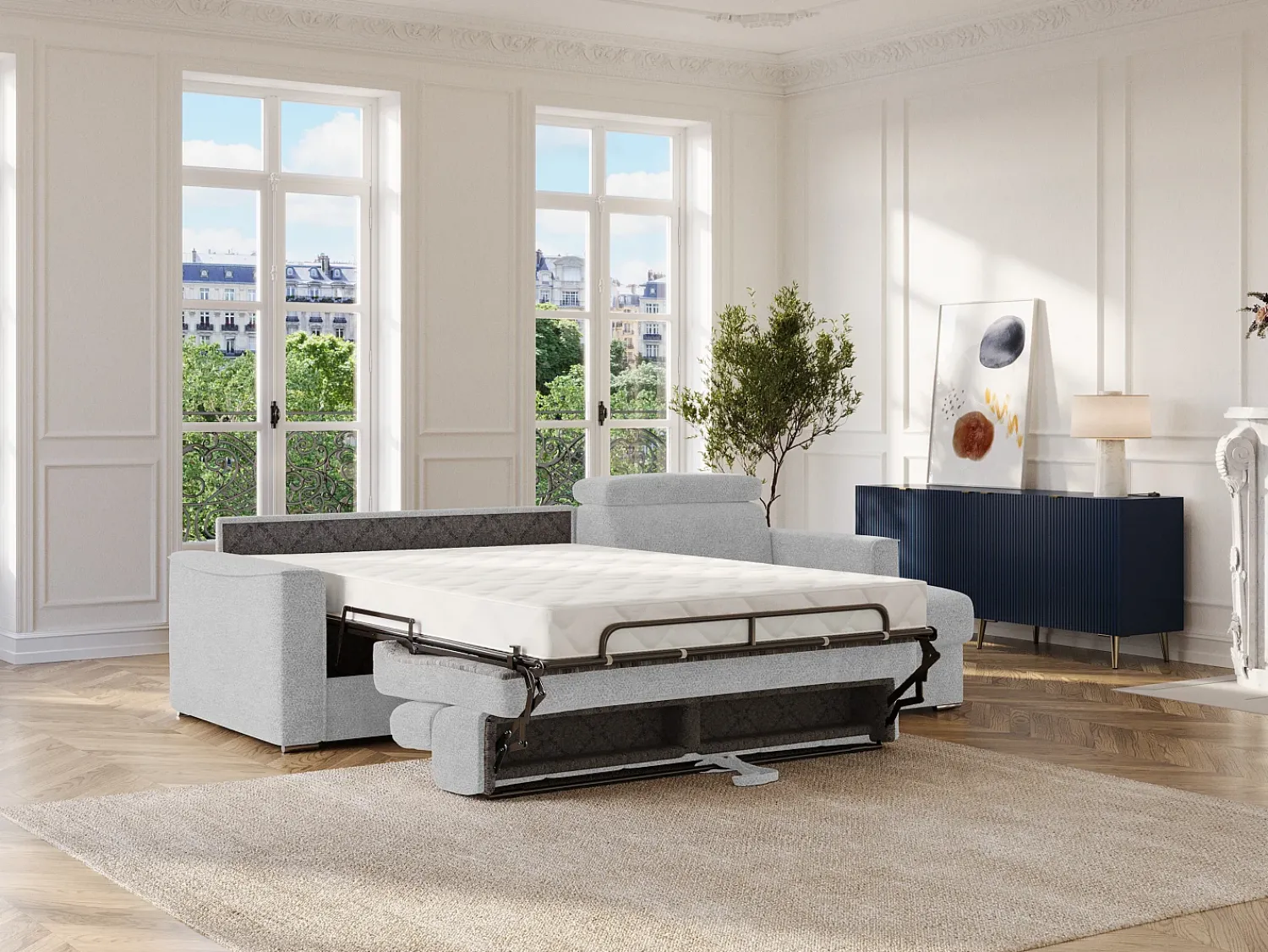 Vente-unique Sofá de canto reversível conversível abertura rápida em tecido cinza claro - Área de dormir 140 cm VIZIR^ Sofá