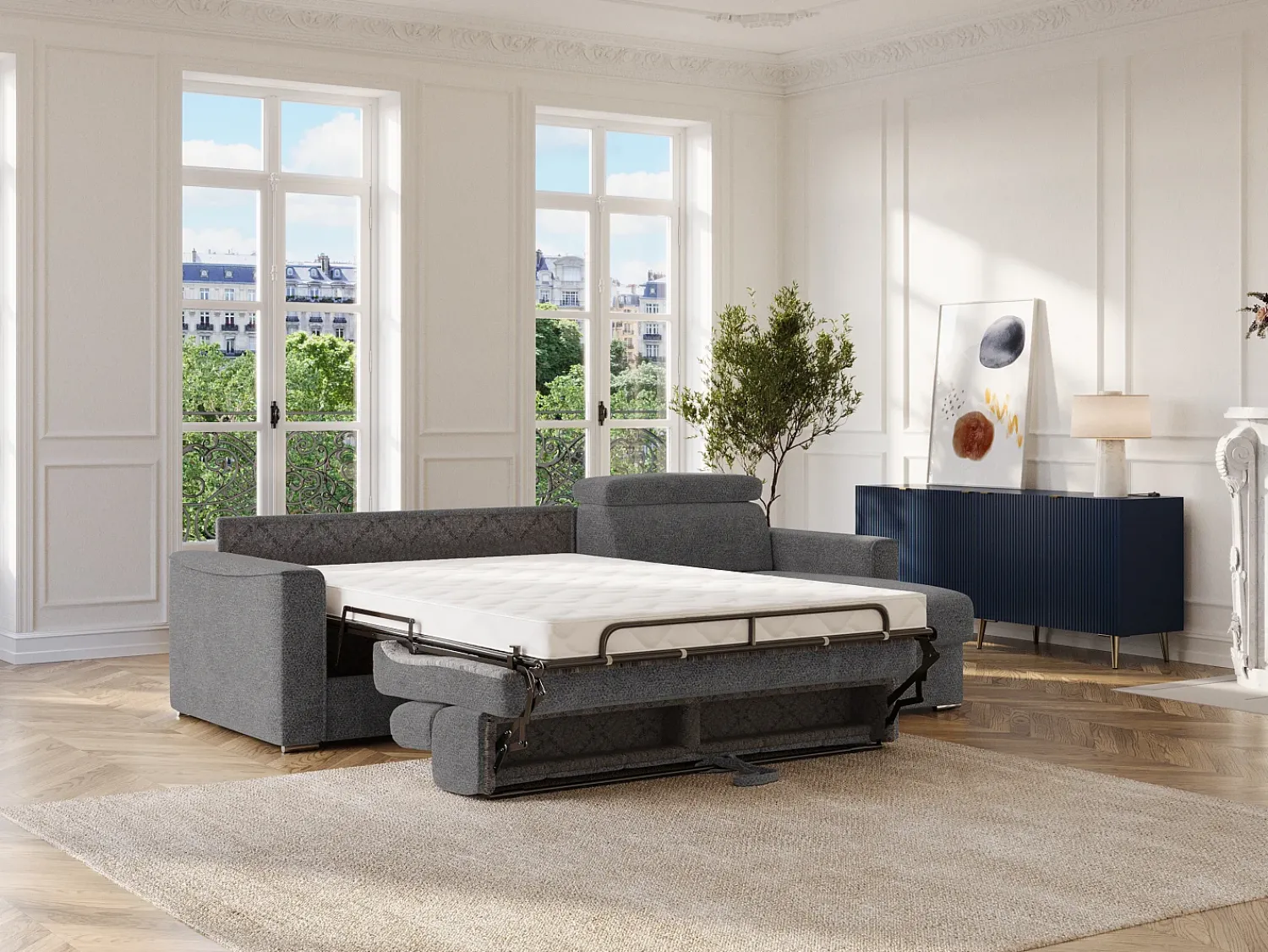 Sofá*Vente-unique Sofá de canto reversível convertível abertura rápida em tecido cinza - Área de dormir 140 cm VIZIR Cinza antracite