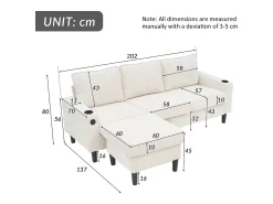 Sofá|Hauss Spole Sofá de canto reversível de 3 lugares em linho , com portas USB e Tipo C - 202x137x80cm Bege
