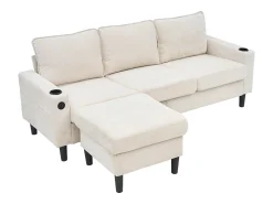 Sofá|Hauss Spole Sofá de canto reversível de 3 lugares em linho , com portas USB e Tipo C - 202x137x80cm Bege