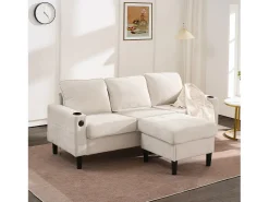 Sofá|Hauss Spole Sofá de canto reversível de 3 lugares em linho , com portas USB e Tipo C - 202x137x80cm Bege