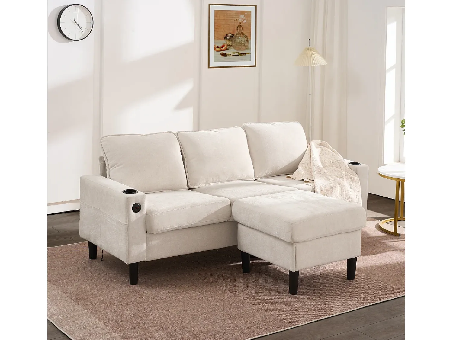 Sofá|Hauss Spole Sofá de canto reversível de 3 lugares em linho , com portas USB e Tipo C - 202x137x80cm Bege